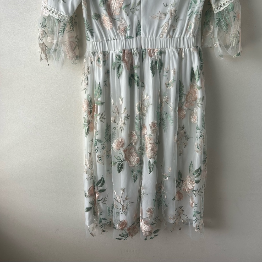Polagram Floral Appliqué Tulle Midi Dress White Green Pink M - Picture 11 of 12